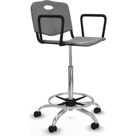 Taburete Robledo giratorio plástico gris claro brazos fijos base cromada ruedas autofrenantes 50mm