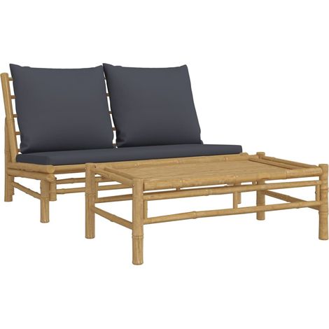 Set de muebles de jardín 2 piezas bambú con cojines gris oscuro vidaXL