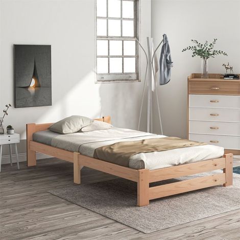 Lit futon 90 x 200 cm en bois massif de pin, tête de lit et sommier à lattes — sans matelas