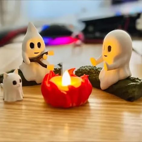Rassemblement de feu camp fantôme, veilleuse d'Halloween, jolie statue effrayante et confortable, décorations d'Halloween pour cheminée ou bureau (avec chat)