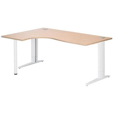 Bureau compact chêne clair L 180 cm retour à gauche piètement L réglable métal Plus blanc Essens - Maxiburo
