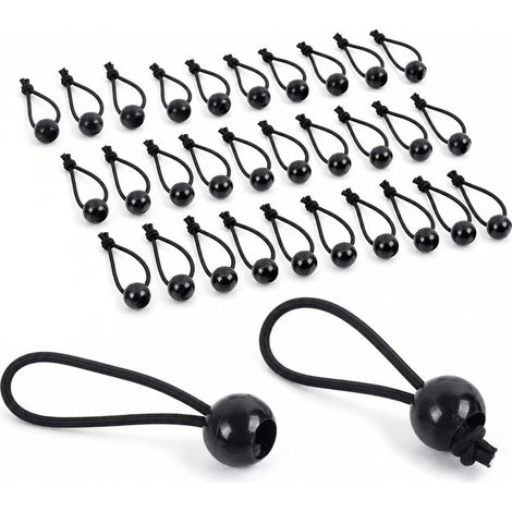 30 tendeurs élastiques 10cm avec boule, en latex naturel résistant. Idéal pour tente, bâche, bannière et camping. Fixation rapide et