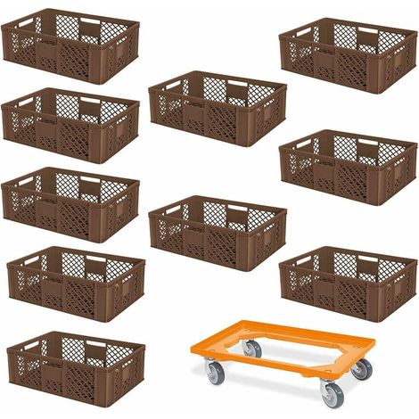 BRB Lot de 10 récipients empilables Euro Plus Chariot de transport 600 x 400 x 240 mm Qualité industrielle Marron