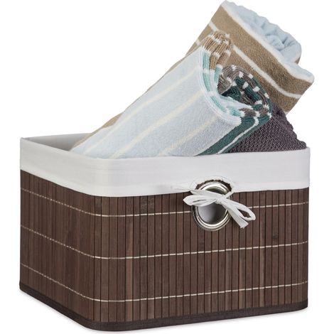 3x Aufbewahrungskorb Bambus, Regalkorb abnehmbarer Stoffbezug, Aufbewahrungsbox mit Griff, HBT ca 20 x 31 x 31 cm, braun