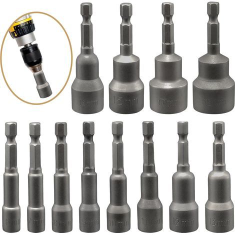 12 x Magnetic Hex Sockets 6/7/8/9/10/11/12/13/14/15/17/19, Hex Socket Adapter, Impact Driver Socket, for Socket Wrench, Hand Drill (1/5)