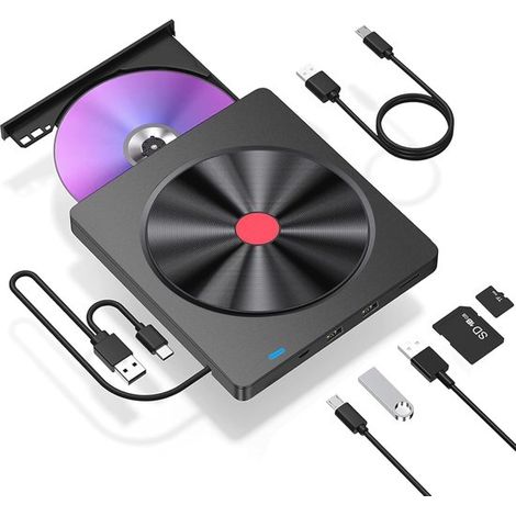 Graveur CD/DVD externe portable USB 3.0 - Lecteur de cartes SD/TF et graveur CD-R/DVD+RW externe - Compatible Mac OS et Windows 10/11 - Noir