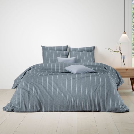 Parure de lit 140x200 coton rayures bleu Terre de Nuit Oxford - OXFORD (1/2)