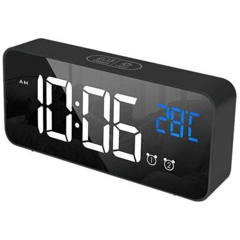 Schwarzer Digitalwecker, XU, LED-Digitalwecker, digitale Anzeige der durchschnittlichen Morgentemperatur/Schlafmodus/2 Alarme/12/24-Stunden-Anzeige/USB-Ladeanschluss/13 Lieder -