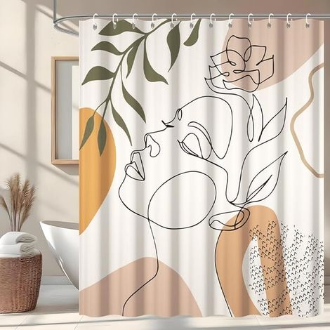 Rideau Douche Anti Moisissure, Rideau de Douche 180x180cm Orange Boheme Feuilles Vert Visage Abstrait Rideaux de Baignoire Imperméable Tissu Lavable Rideaux Salle de Bain avec 12 Crochets (1/5)