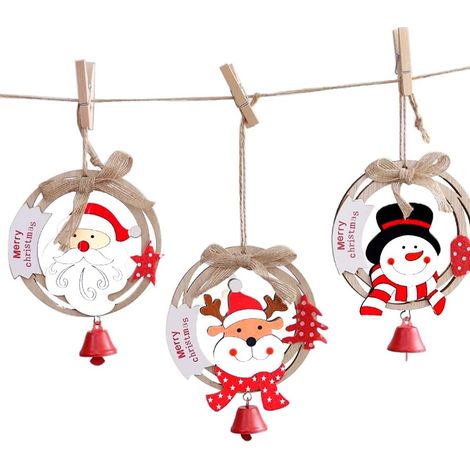 Lot de 3 décorations de Noël en bois faites à la main : Père Noël, renne, bonhomme de neige et clochettes. Décorations à suspendre pour le sapin. (1/5)