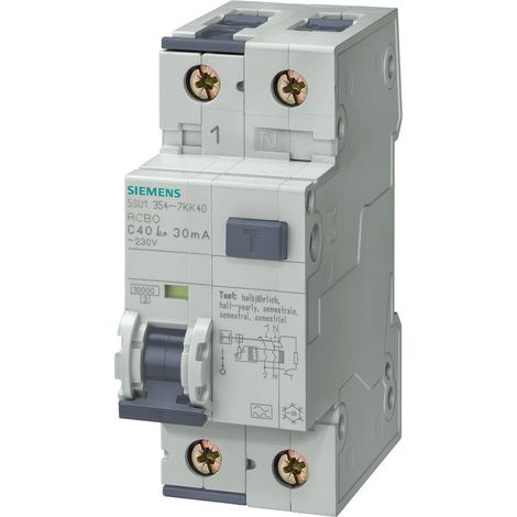 Siemens Interruttore FI/LS, 10 kA, 1P+N, tipo A, 30 mA, Caratt. C, In: 10 A, Un AC: 230 V, 5SU13547KK10