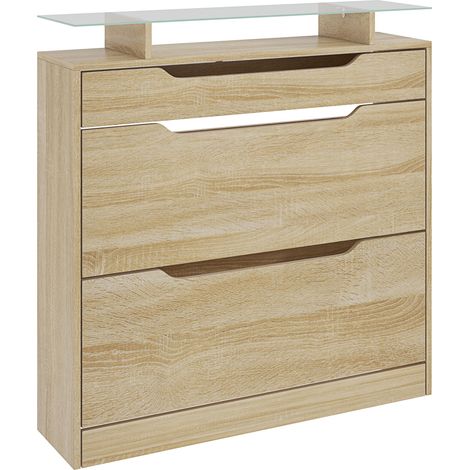 Schuhschrank mit 2 Klappschubladen + 1 Auszugsschublade + 1 Ablagefläche und 1 Glasboden, verstellbarer Einlegeboden