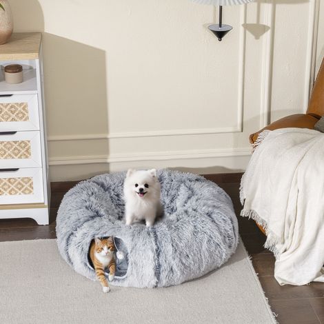 Tunnel per gatti da interno con cuccia a forma di ciambella, cuscino circolare lavabile, 90x80x27 cm, grigio chiaro
