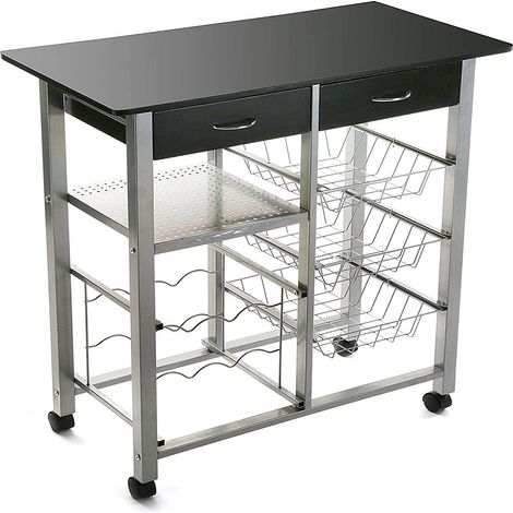 Carrello in acciaio portatutto da cucina con portabottiglie 3cestini 2 cassetti tavolo da lavoro in cucina (1/5)