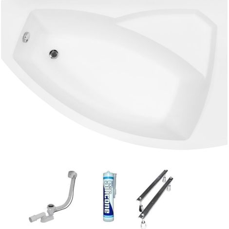 ECOLAM Baignoire d'angle acrylique Rima 160x100cm version droite pieds siphon + silicone Belle forme Design moderne (1/5)