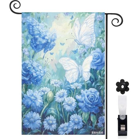 Bannière de cour papillons violets et fleurs blanches 30 x 45 cm décoration terrasse et balcon (1/5)