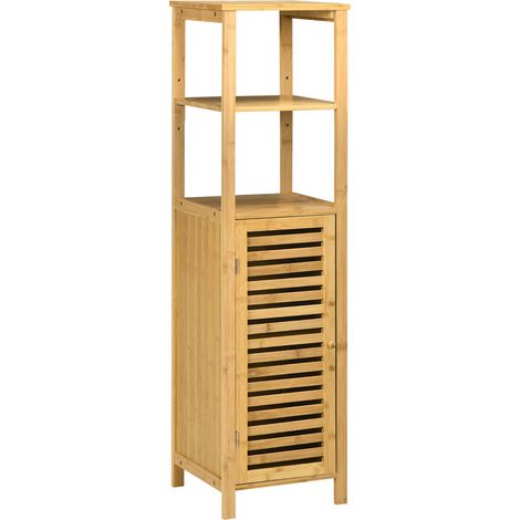 Armoire de salle de bain réglable en hauteur en bambou naturel avec 2 étagères ouvertes, 33 x 30 x 120 cm (1/5)