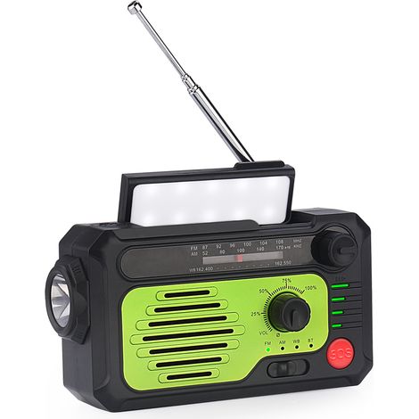 Radio d'urgence solaire à manivelle, multifonctionnelle, avec lampe torche et Bluetooth, verte. (1/5)