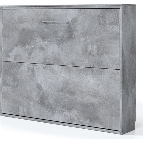 Lit escamotable horizontal KLIKA - Sommier à lattes - Poignée acier brossé 54cm Matelas mousse 18 cm Gris ciment-Avec matelas-140x200-Cadre Gris ciment-Façade Gris ciment (1/5)