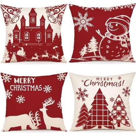 Housse Coussin Noel Lot de 4 Housse de Coussin Deco Noel Coton et Lin Décoratif Taie d'oreiller 45 x 45 cm pour Chambre, Chaise, Lit Decoration Noel (1/5)