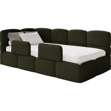 Selsey Cloudy – Kinderbett 120x200, Kopfteil links, Matratze & Bettkasten, Bouclé Olivgrün