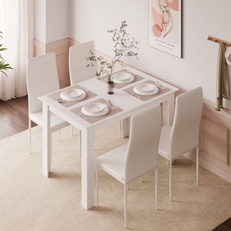 Mondeer – Ensemble table et 4 chaises en bois massif – Dimensions table 120x80x75 cm – Chaises avec assise en similicuir hydrofuge – Style moderne blanc