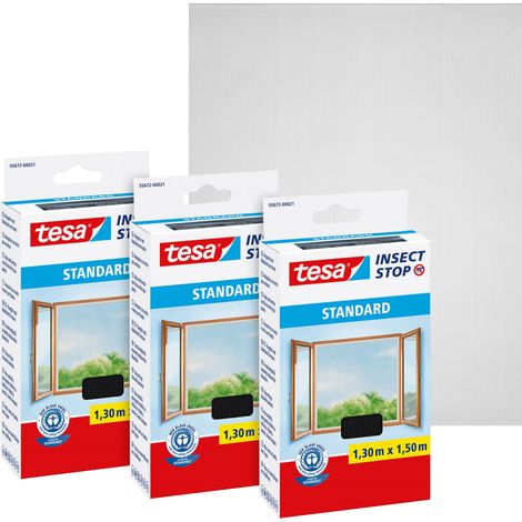 3 x tesa Insect Stop STANDARD Fliegengitter für Fenster im 3er Pack - Insektenschutz zuschneidbar - Mückenschutz ohne Bohren - 3 x Fliegen Netz anthrazit - 130 cm x 150 cm