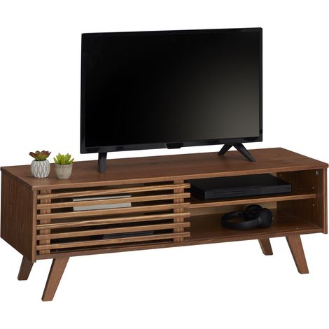 Idimex – Meuble TV en pin massif lasuré brun foncé – 4 niches ouvertes pour appareils – Dimensions niches 54x10x35cm – Design scandinave épuré (1/5)