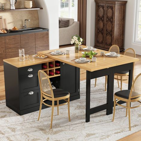 Îlot de cuisine extensible avec table pivotante 360° 120-197x40x74cm,tiroir,meuble bar avec casier à vin,MDF,effet bois et noir