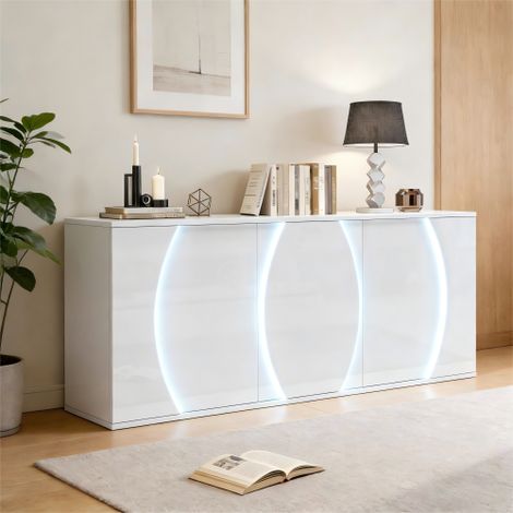 Buffet laqué brillant 150x40x70 cm - Meuble de salon 3 portes - Éclairage LED - Panneaux de particules - Blanc