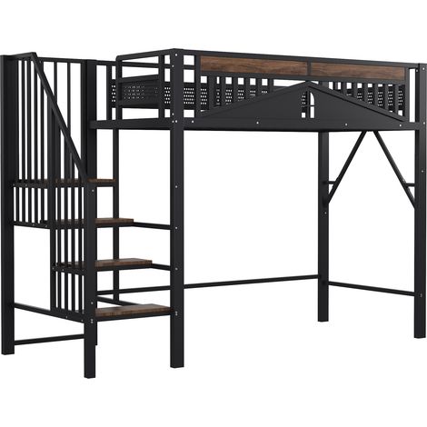 Metall-Hochbett 90 x 200 cm in Schwarz mit Sicherheitstreppe und Stauraum (1/5)