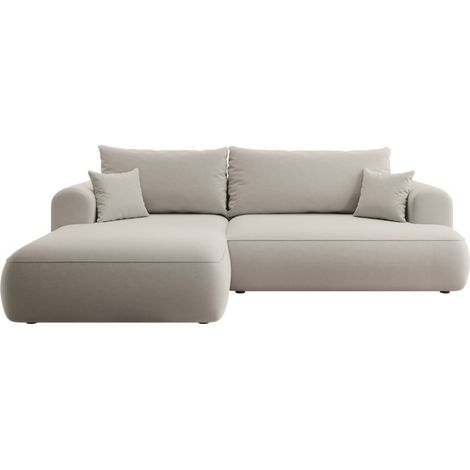 Selsey - Eckschlafsofa Ovo L-förmiges Creme-Velours mit einem Behälter aus pflegeleichtem Stoff, linke Seite