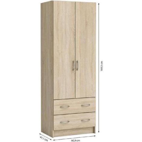 Les Tendances – Armoire 2 portes 2 tiroirs décor chêne brossé – Dimensions L 61 x P 41 x H 170 cm – 3 rayons amovibles réglables – Fabrication française (1/10)