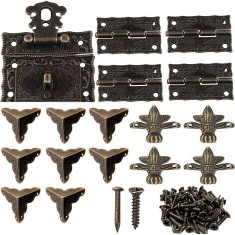 1 pcs Fermoir Boite Verrou Décoratifs Antiques 8 pièces Coin Décoratif Protection Couverture 4 pcs Charnière en Métal 4 pcs Pied D’angle Décoratifpour boîte à bijoux en bois bronze (1/4)