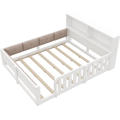 Cama infantil 140 x 200 cm con barrera de seguridad, respaldo acolchado, luz LED, blanco (1/5)