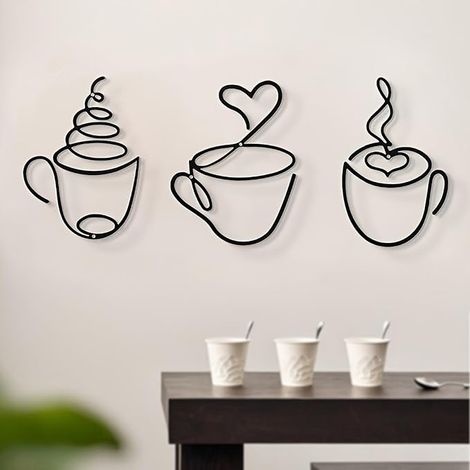 Décoration Murale Métal Noir Tasse à Café Tableau Minimalist Ligne Art Mural Déco pour Salon Cuisine Salle de Bain Chambre à Coucher Manger (1/5)