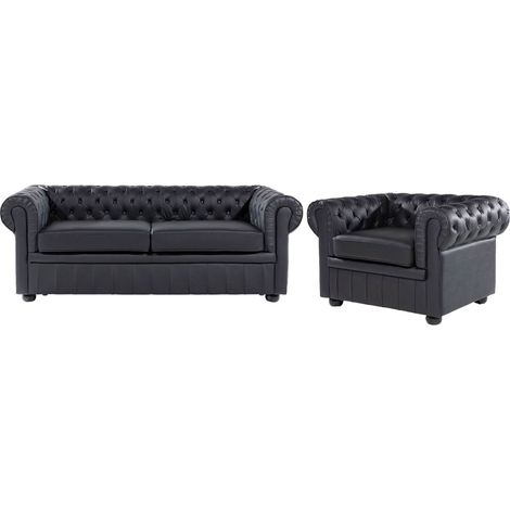 Set Soggiorno Chesterfield in Pelle Nera Divano a 3 posti + Poltrona Chesterfield