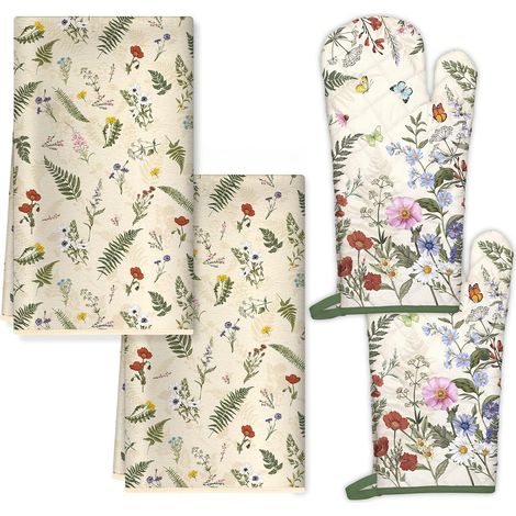 Lot de 4 Herbe Rétro Gants et maniques en Coton Résistant à Chaleur, Torchon Cuisine en Polyester Absorbant pour la Cuisson du Barbecue Cadeau pour Elle (1/5)