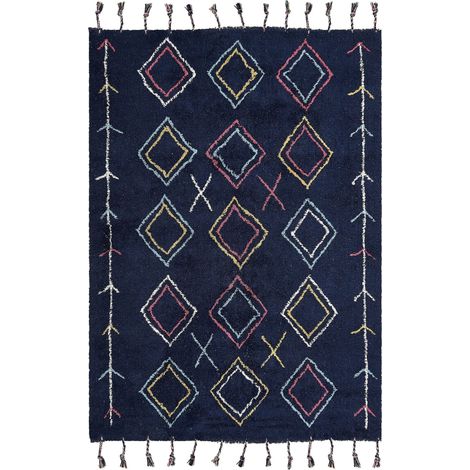 Tappeto cotone stile boho 140 x 200 cm motivo geometrico nero Corum