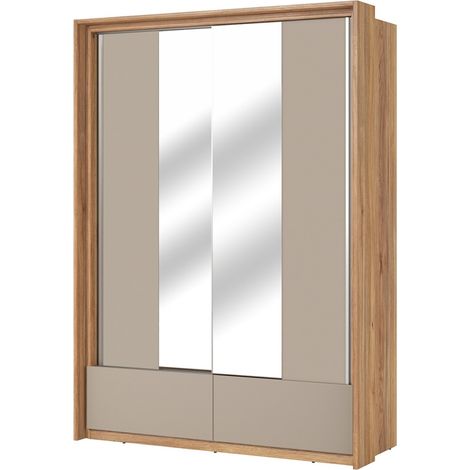 Armario de 2 puertas con espejos, 2 cajones, armario ropero y 5 estantes de color roble y beige - Colección VOX