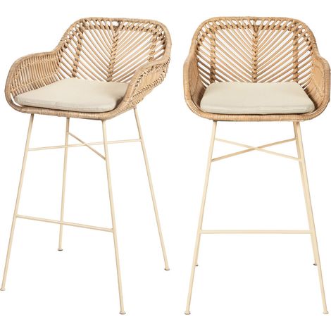 Drawer – Lot de 2 tabourets de bar en rotin et métal H68cm – Style vintage et contemporain – Coussin déhoussable et lavable – Pour coins repas modernes