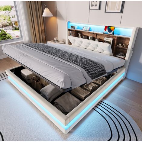 Lit rembourré 140/200 cm en velours beige avec tête de lit multifonction, LED et coffre relevable (1/5)