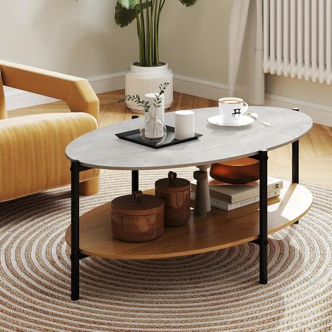 Costway – Table basse ovale en pierre – 2 niveaux de rangement – Cadre en métal robuste – Dimensions 105 x 65 x 43 cm – Design compact et élégant