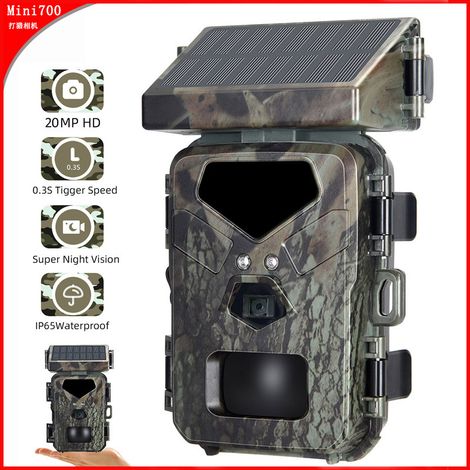Mini caméra de surveillance extérieure haute définition anti-chasse 700 avec panneau solaire, surveillance infrarouge nocturne et paramètres par défaut.