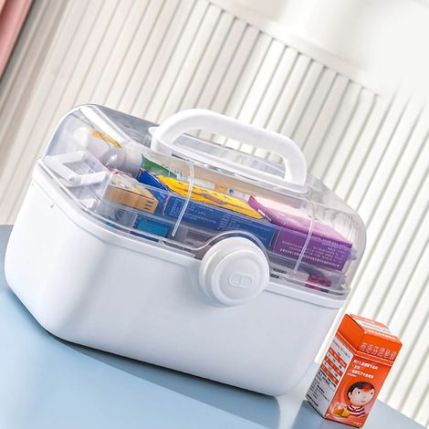 Boîte à pharmacie domestique en plastique, boîte de tri de médicaments multicouches, boîte de rangement pour médicaments d'urgence blanche (1/5)