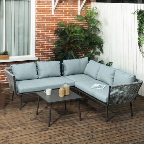 Conjunto de muebles de jardín de ratán Outsunny para 4 personas, conjunto de asientos con cojines para balcón, color gris aluminio. (1/5)
