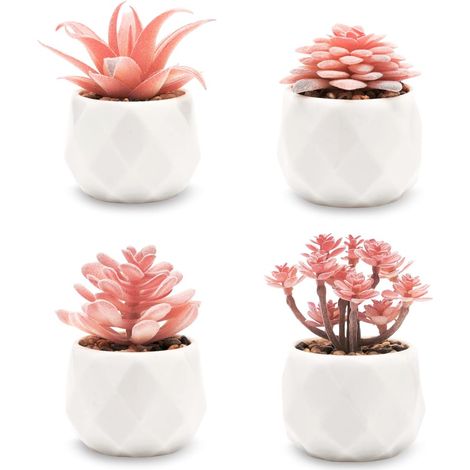 Mini plante succulente artificielle en pot, rose, petites plantes succulentes artificielles, décoration intérieure femelle, céramique blanche, lot de 4 (1/5)