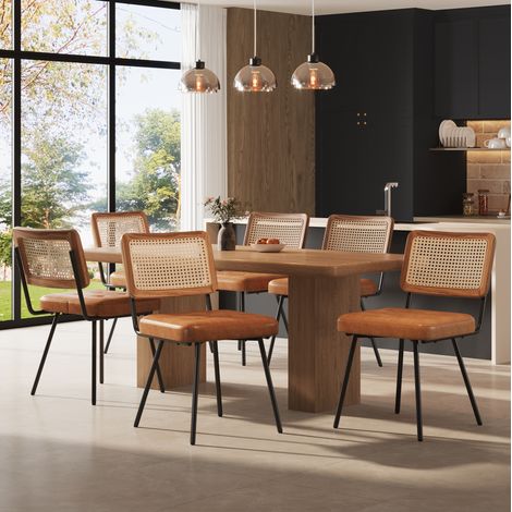 Silla de comedor ergonómica, respaldo de PE ratán, asiento de PU impermeable, metal marrón (1/5)