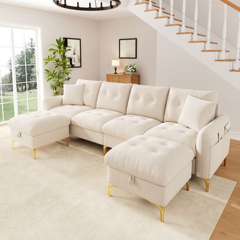 Canapé Panoramique Convertible Modulable 4 Places 263x137x85 cm, Forme U/L, 2 Poufs Coffres, Ressorts Ensachés, Chenille Beige (1/5)