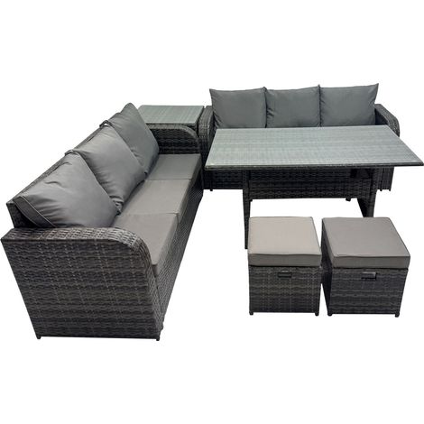 Fimous 8 Seat Outdoor Wicker PE Rattan Garden Furniture Set Dining Table Sofa Set with Side Table 2 Small Stools Dark Grey Mixed (1/5)